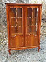 French vintage Country provincial double door footed Curio display cabinet