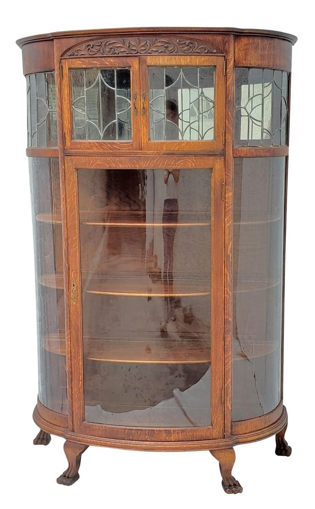 Victorian Oak Bowed Curved Glass China Cabinet with Leaded Glass & Claw Feet