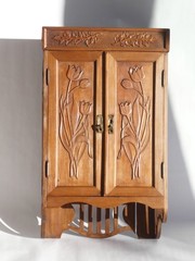 Antique Art Nouveau Carved Cabinet with Floral Details, Wooden Wall Chest