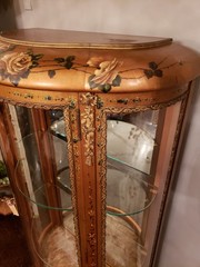 Antique Hand Painted Roses Wooden Curved Glass Curio Cabinet w/ Ormolu Trim