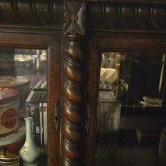 Antique 1920s Dark Brown Wood Glass Door Display Cabinet w/ Carvings 54x16x40