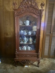 Antique Carved Wood Display Cabinet Glass Door Key Floral Bird Carvings