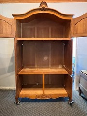 Vintage Belgian Oak Armoire or Dry Bar with Slide-In Doors and Carved Details