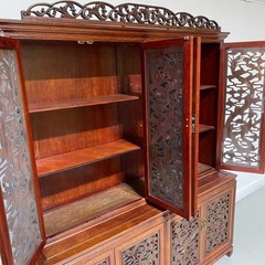 Vintage Rosewood China Cabinet with Carved Oriental Dragons & Asian Glass Doors