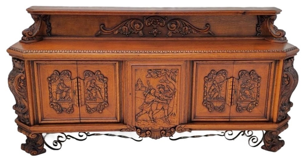Magnificent 1900s French Quarter Sawn Oak Buffet – Medieval & Scholarly Carvings