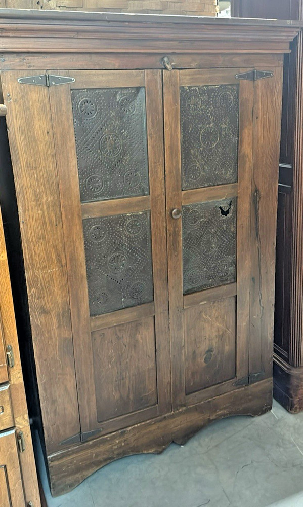 Antique Pie Safe Cabinet With Distinctive Design Stamped In Metal