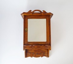 Wooden Mirror Wall Cabinet with Hooks and Ornaments, Vintage Apothecary