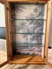 🌿 Vintage Oak Display Cabinet – Chicken Wire Curio Hutch Glass Shelves Cottage
