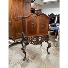 Late 1800’s Antique Cross Hatched Inlay Mahogany Cabinet with Key, Hand Carved