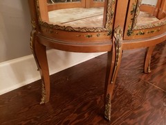 Antique Hand Painted Roses Wooden Curved Glass Curio Cabinet w/ Ormolu Trim
