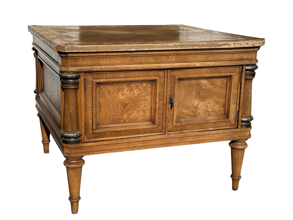 Vintage French Walnut & Burl Wood Side Cabinet Table w/ Brass Accents