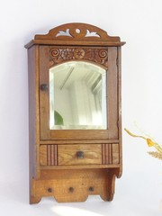 Antique Small Wooden Cabinet with Arch Mirror, Floral Carved Apothecary