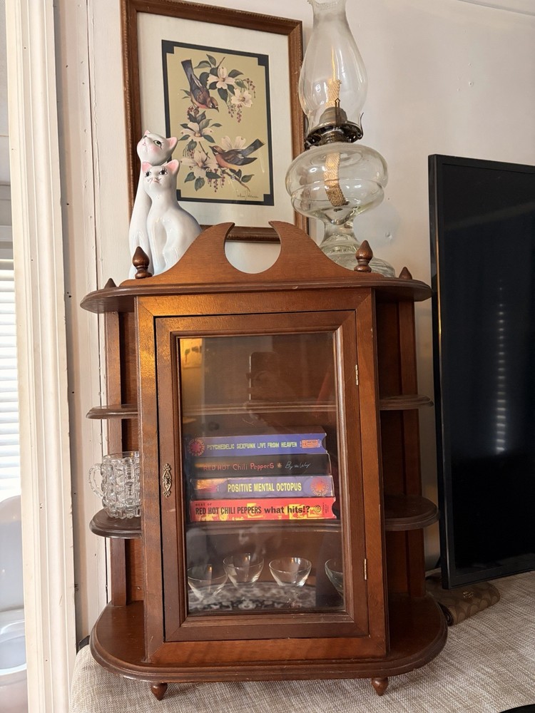 Vtg Glass Front Classy Wooden Table Curio Wall Hanging Curio Cabinet Decorative