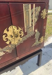 Vintage Hand Painted Red Lacquer Asian Oriental Cabinet Table Made in Spain