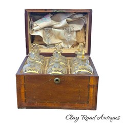Antique Federal regency liquor box tantalus mahogany inlaid fan gilt bottles