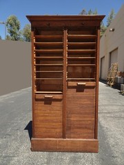 Antique 70″ Tall Double Oak Tambour Doors File Cabinet w 21 Drawers & Keys