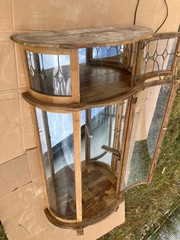 Vintage Oak Curio Cabinet with 3 Glass Shelves Lights Curved Glass late 40s 50s