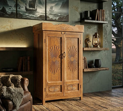 Antique Indian Carved Wooden Armoire | Rustic Sunburst Farmhouse Cabinet