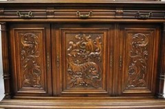 Gothic Renaissance Revival Carved Walnut Dragon Griffin Sideboard Buffet Cabinet