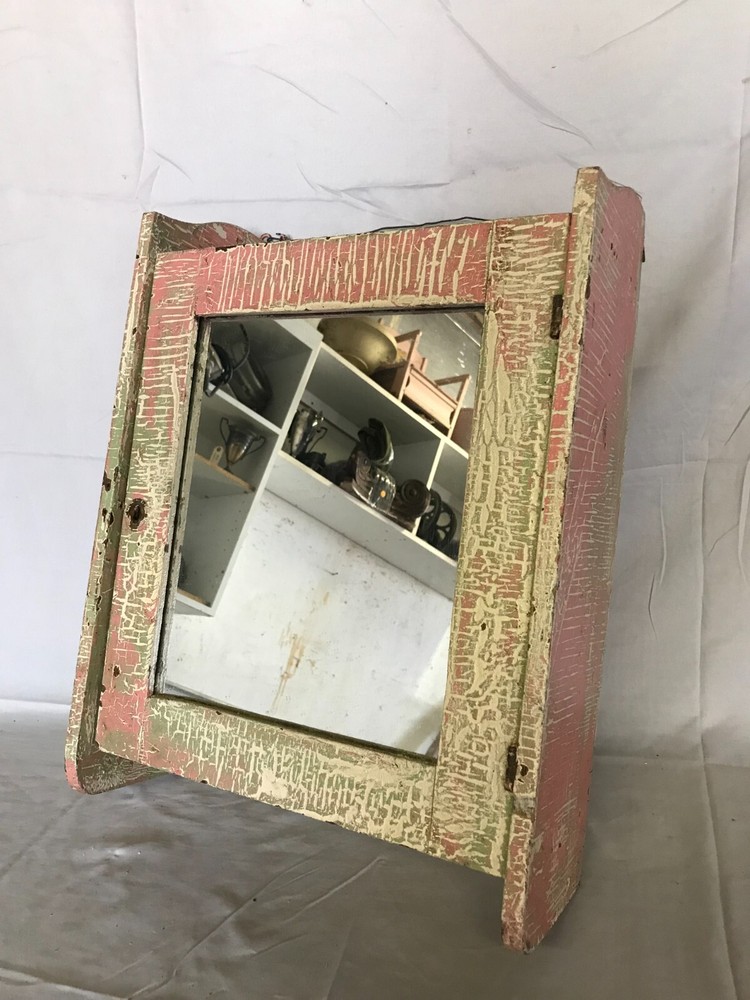 Antique Shabby Pink Wood Medicine Cabinet Vintage Mirror Chic Old 616-23B