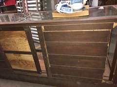 c1900 vintage oak glass floor country store case 98x 42.5 x27 reeded column edge