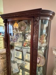 Antique Early 19th C Mahogany Lion Carved Bow Front China Cabinet, Paw Feet