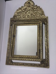 VTG Mirror Brass Glass Shoes Brushes Cabinet Continental Ornate Wall Hanging