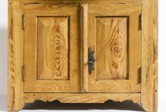 17″W, Antique 1930s small Children’s 2 door Cabinet, faux wood grain painted.