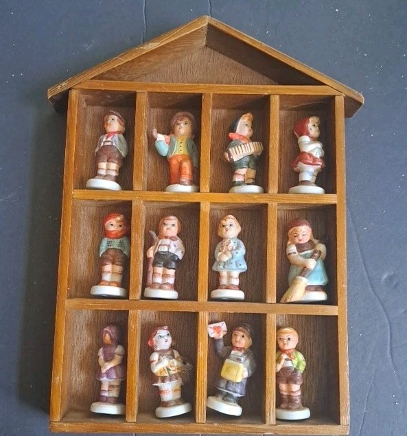 Vintage Wood Curio Cabinet Display 12 Slots House Shape w/ Hummel Type figurines