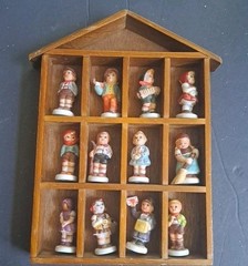 Vintage Wood Curio Cabinet Display 12 Slots House Shape w/ Hummel Type figurines