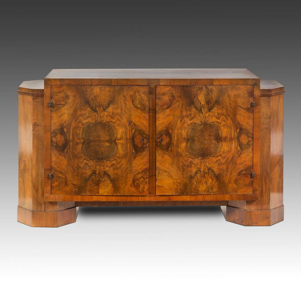 ART DECO CONSOLE CABINET BURLWOOD VENEER DRAWERS FRANCE OR USA EARLY 20TH C.