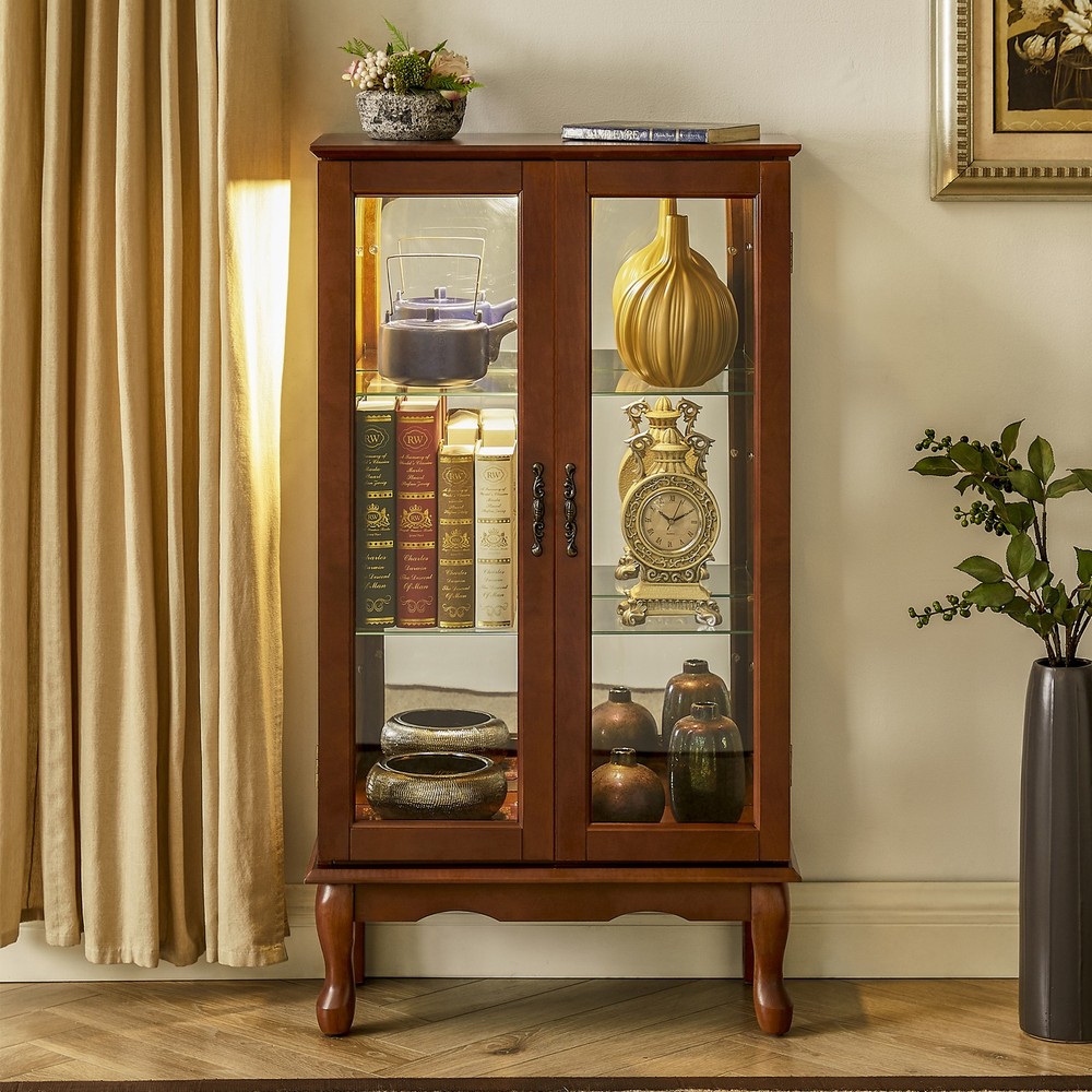 Curio Cabinet Lighted Curio Display Cabinet Walnut (E26 light bulb not included)