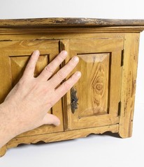 17″W, Antique 1930s small Children’s 2 door Cabinet, faux wood grain painted.
