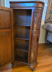 George Zee Style Mid-Century Asian Heavily Hand Carved Flip Top Dry Bar Cabinet