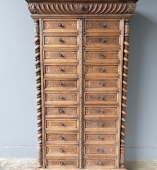77″ Tall Antique French Apothecary Cabinet Solid Oak Carved with Compartments
