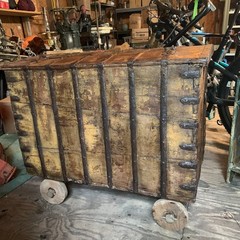 Antique Teak Cabinet With Iron Strapping and Wheels 36L x 21W x29H