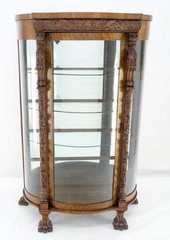 Solid Tiger Oak Curved Glass China Cabinet Carved Claw Feet Lion Heads MINT!