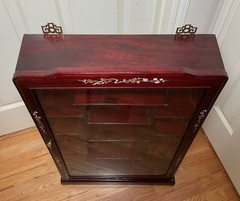 Chinese Carved Rosewood Mother of Pearl Wall Curio Display Cabinet w/Mirror Back