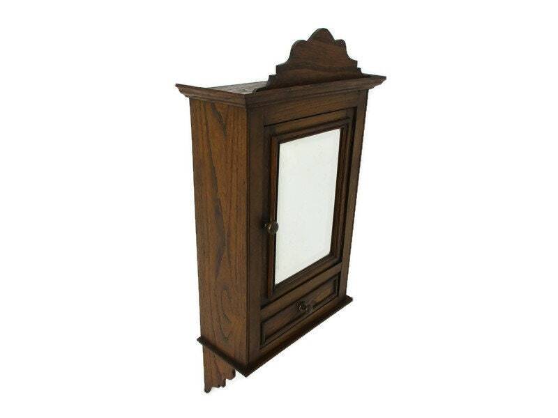 Vintage Wood Kitchen Apothecary Bathroom Wall Cabinet Hooks for Towels Pediment