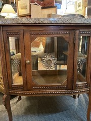 Antique Oak Glass and Stone French Style Vitrine Cabinet with Velvet Interior