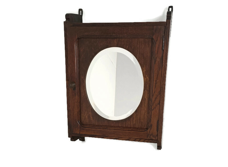Medicine Cabinet Apothecary Kitchen Bathroom wood Oval Beveled glass mirror Gorg