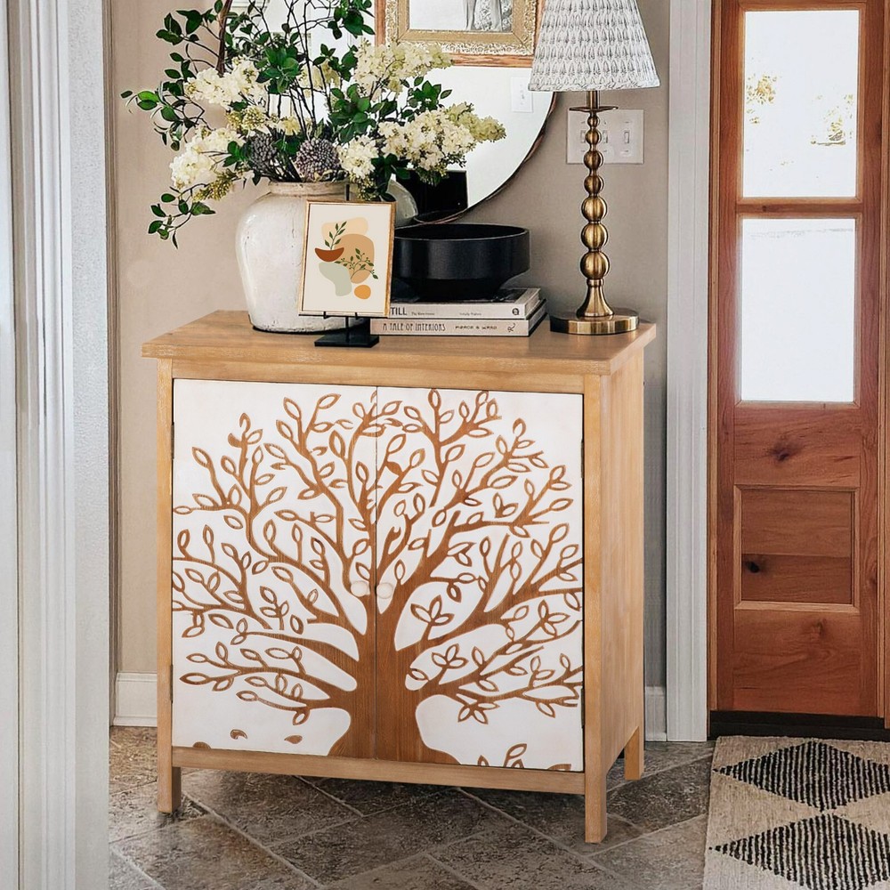 Entryway Cabinet with Tree Pattern Storage Cabinet Distressed Sideboard Bedroom