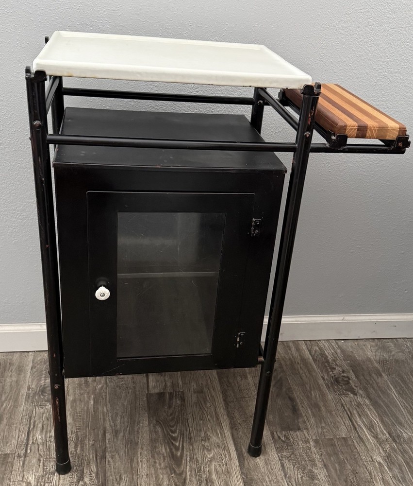 Antique Medical Storage Cabinet Heavy Metal & Enamel Top Wood Cutting Board Side