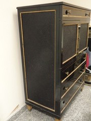 RARE CHIC 40’s GROSFELD HOUSE BLACK LACQUERED CABINET w/ CANE WORK & BRASS