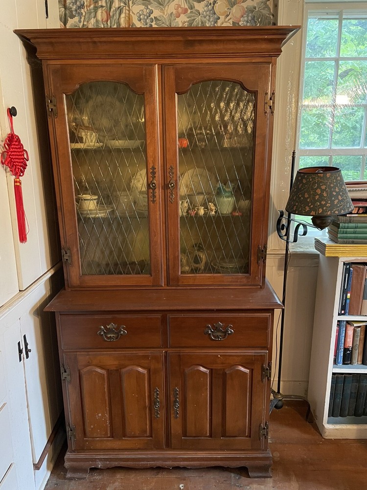 Vintage Wood China Cabinet Hutch With Shelves And Drawers