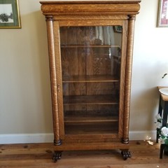 Antique Oak Bookcase China Cabinet – Single Door- Wavy Glass – Paw Feet
