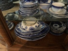 Vintage Antique Lion Head And Feet Display Cabinet. All Flow Blue Dishes Incl
