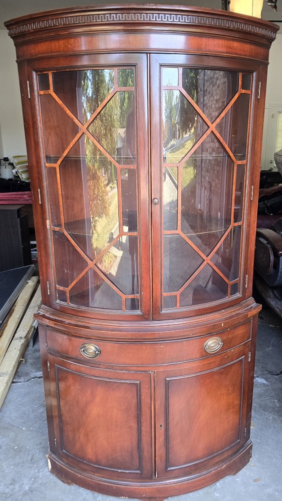 #305 MAH Drexel Antique Mahogany Wood Corner China Cabinet Curio Drawers Storage