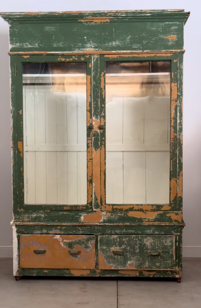 Antique Apothecary Display Cabinet Green primitive cupboard Hutch Display Glass