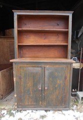 ANTIQUE 18th CENTURY OPEN TOP GREEN PAINTED PEWTER CUPBOARD